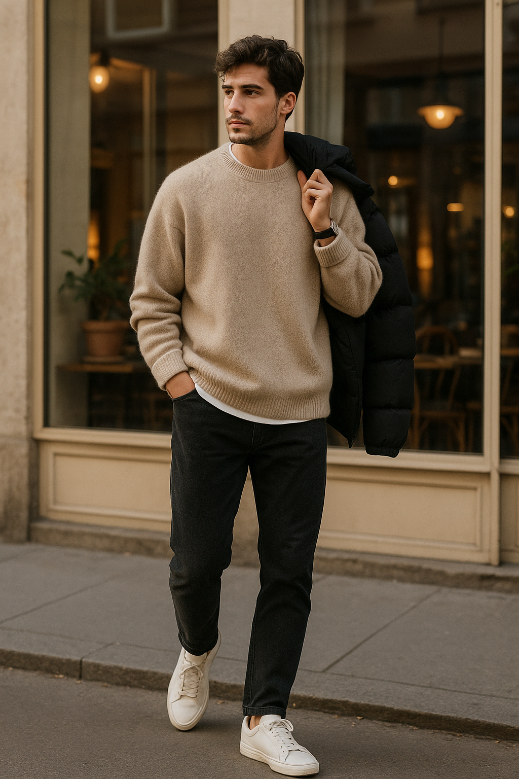 SKIPIKS AI 패션 화보 — casual, minimalist — 부드러운 베이지 톤의 니트와 차분한 검정 청바지가 세련되면서도 편안한 무드를 자아내요. 블랙 패딩을 걸쳐주면 간절기에도 딱 좋답니다. 데일리로 