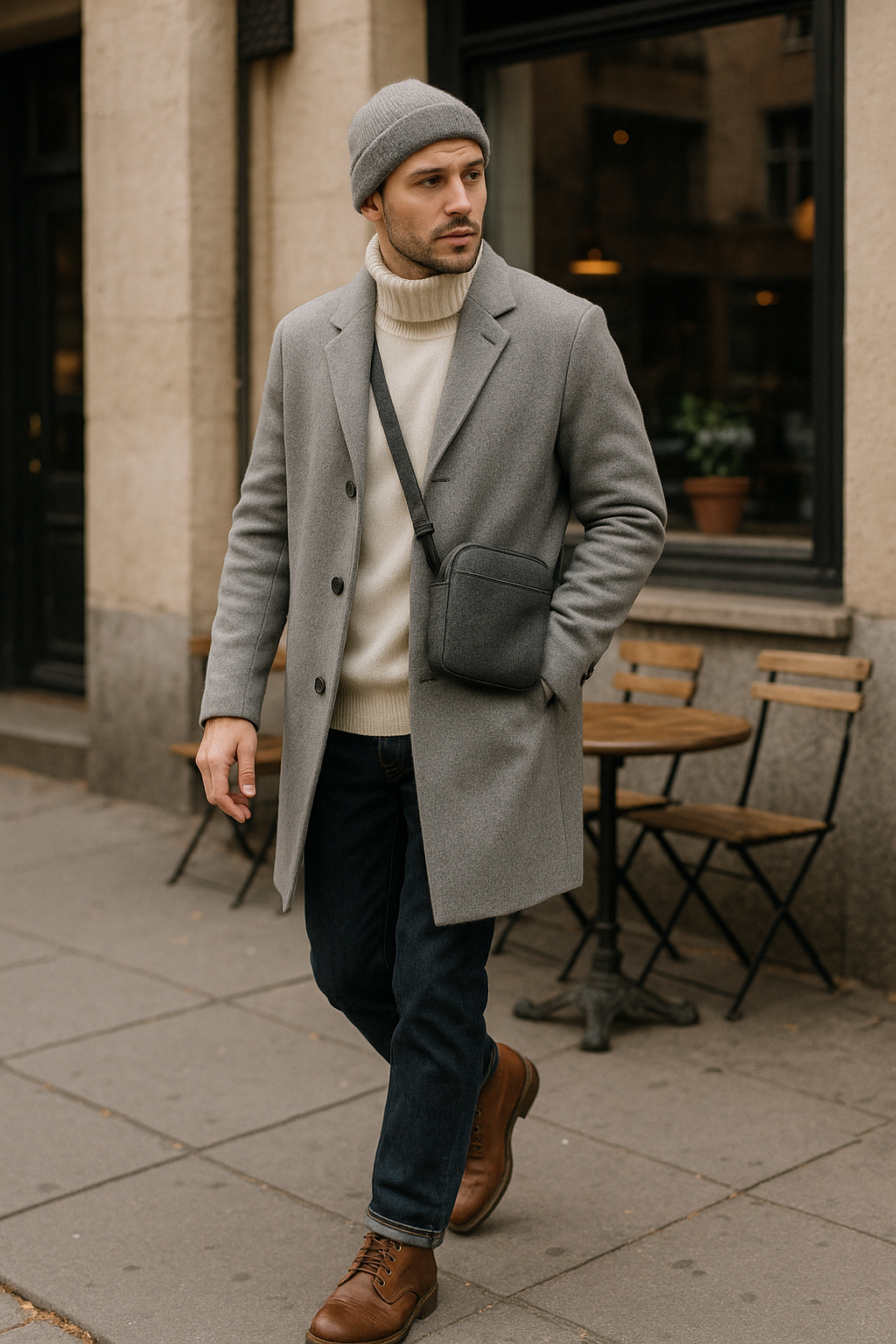 SKIPIKS AI 패션 화보 — casual, modern, minimalist — 회색 톤의 코트와 비니가 부드러운 아이보리 터틀넥 스웨터와 조화를 이루며 깔끔한 겨울 무드를 연출해보세요. 네이비 청바지와 브라운 부츠로 캐주얼