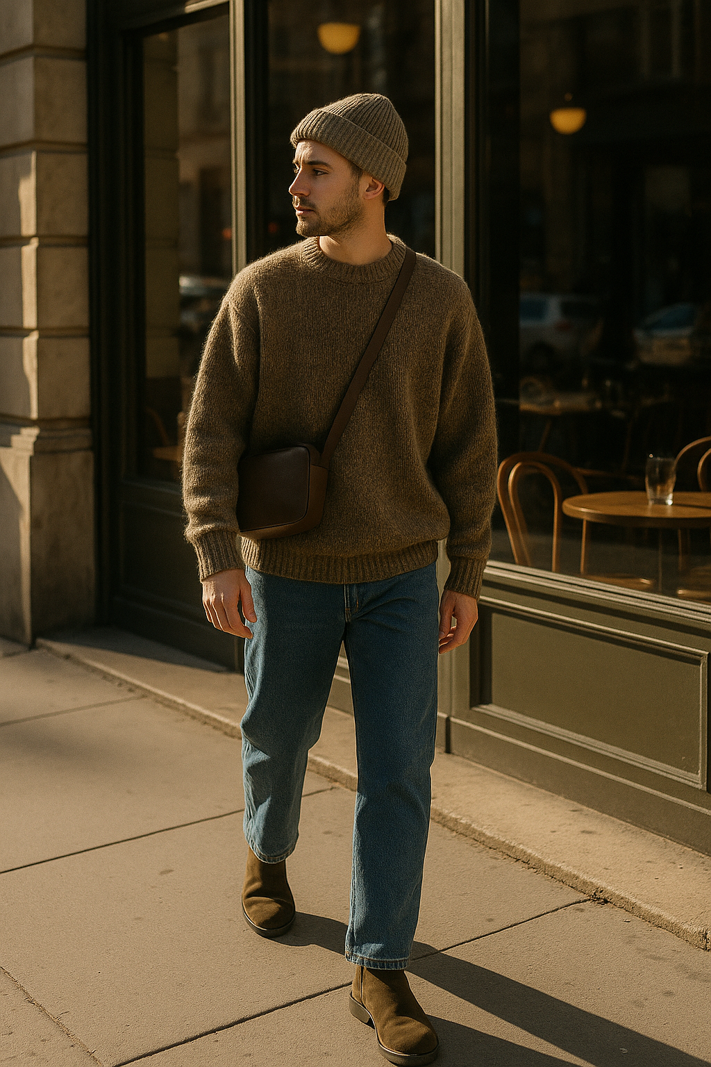 SKIPIKS AI 패션 화보 — casual, cozy, minimalist — 부드러운 베이지 톤의 니트와 비니가 따스한 감성을 더하는 룩이 돋보입니다. 청바지와 첼시 부츠를 매치해 심플하면서도 클래식한 스타일링을 추천해요