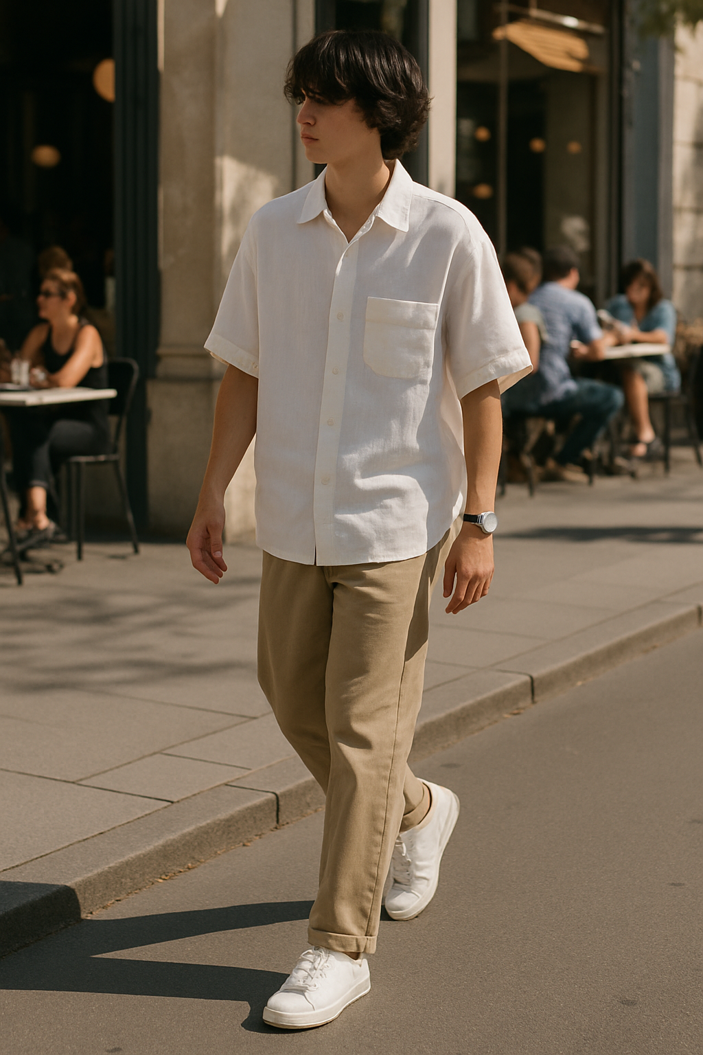 SKIPIKS AI 패션 화보 — minimalist, casual — 흰색 반팔 셔츠와 베이지 치노 팬츠로 깔끔하고 편안한 느낌을 연출해보세요. 실버 손목시계와 흰색 스니커즈로 심플한 포인트를 더하면 더욱 세련된 