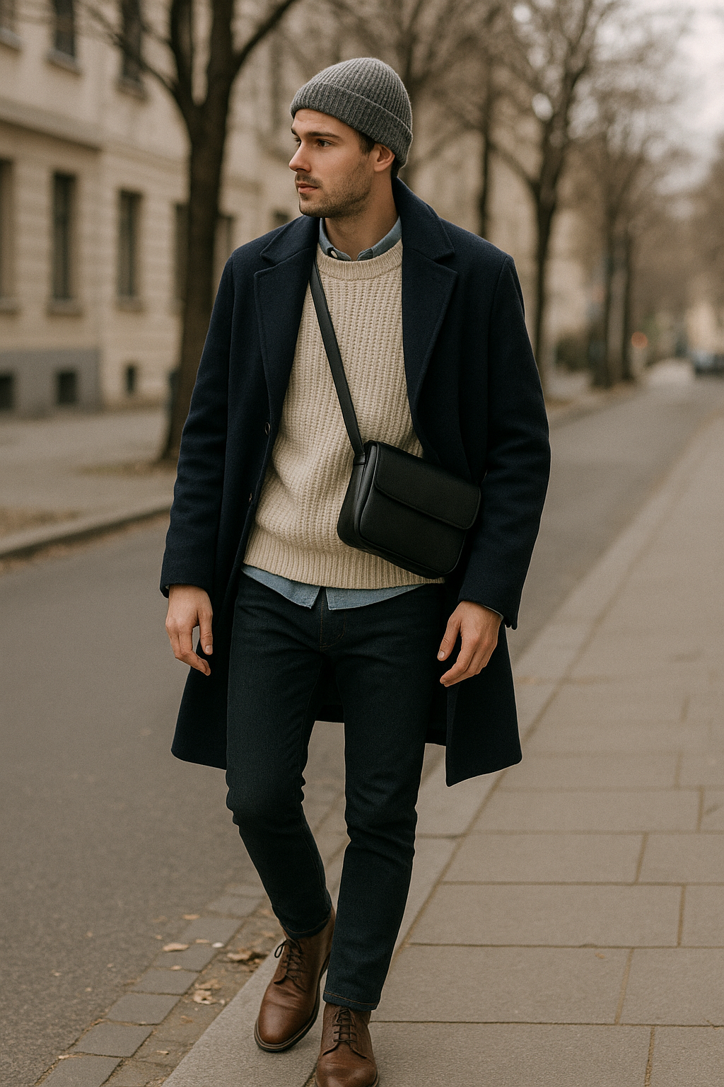 SKIPIKS AI 패션 화보 — casual, modern, simple — 네이비 코트와 크림색 스웨터의 조화가 세련된 무드를 연출해보세요. 데님 팬츠와 브라운 부츠로 클래식하면서도 스타일리시한 분위기 완성됩니다. 겨울