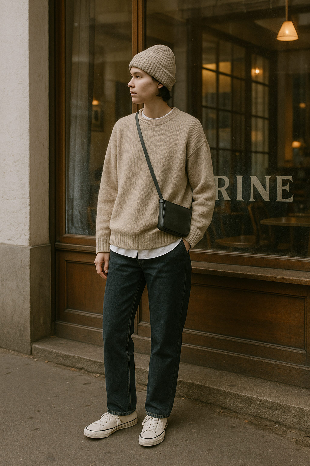 SKIPIKS AI 패션 화보 — minimalist, casual — 베이지 컬러의 니트 스웨터와 비니 모자가 부드러운 가을 무드를 완성합니다. 여기에 다크 블루 청바지와 화이트 스니커즈로 캐주얼한 스타일을 추천해