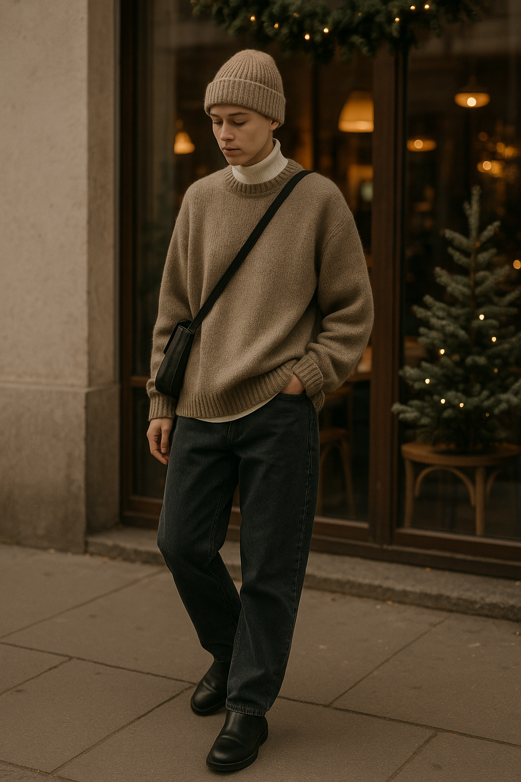 SKIPIKS AI 패션 화보 — minimalist, casual — 베이지 니트 스웨터와 흰색 터틀넥이 부드럽게 어우러져 따뜻한 분위기를 자아내요. 청바지와 첼시 부츠로 캐주얼한 무드를 연출하고, 검정 숄더 백으
