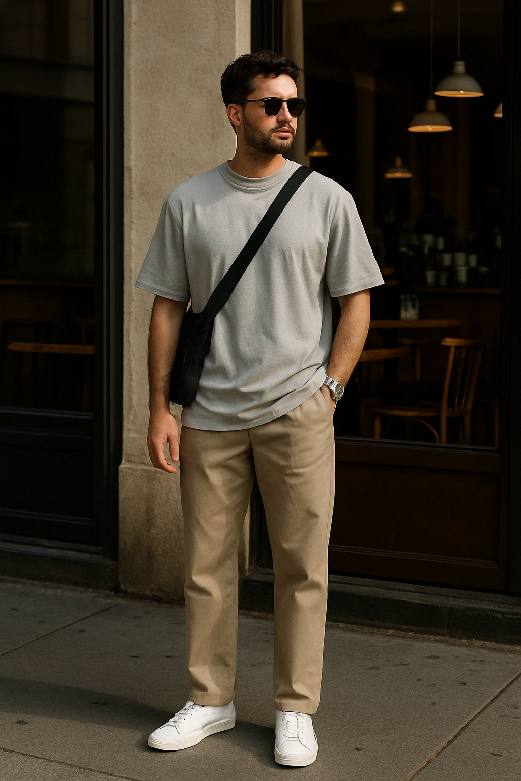 SKIPIKS AI 패션 화보 — minimalist, streetwear — 깔끔한 실루엣과 색감이 돋보이는 미니멀한 캐주얼 룩이에요. 회색 티셔츠와 베이지색 치노 팬츠의 조화로 세련된 느낌을 연출할 수 있답니다. 흰색 