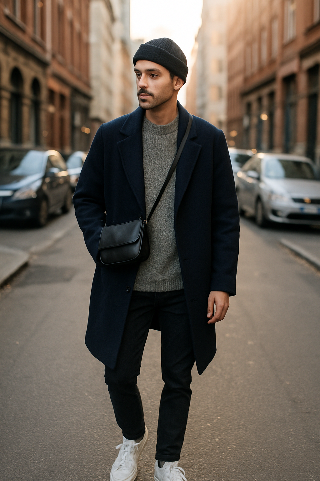 SKIPIKS AI 패션 화보 — casual, streetwear, minimalist — 네이비 코트와 회색 스웨터가 조화로운 이 룩은 편안하면서도 세련된 무드를 자아냅니다. 블랙 비니와 크로스백으로 캐주얼한 포인트를 살려보세요. 가