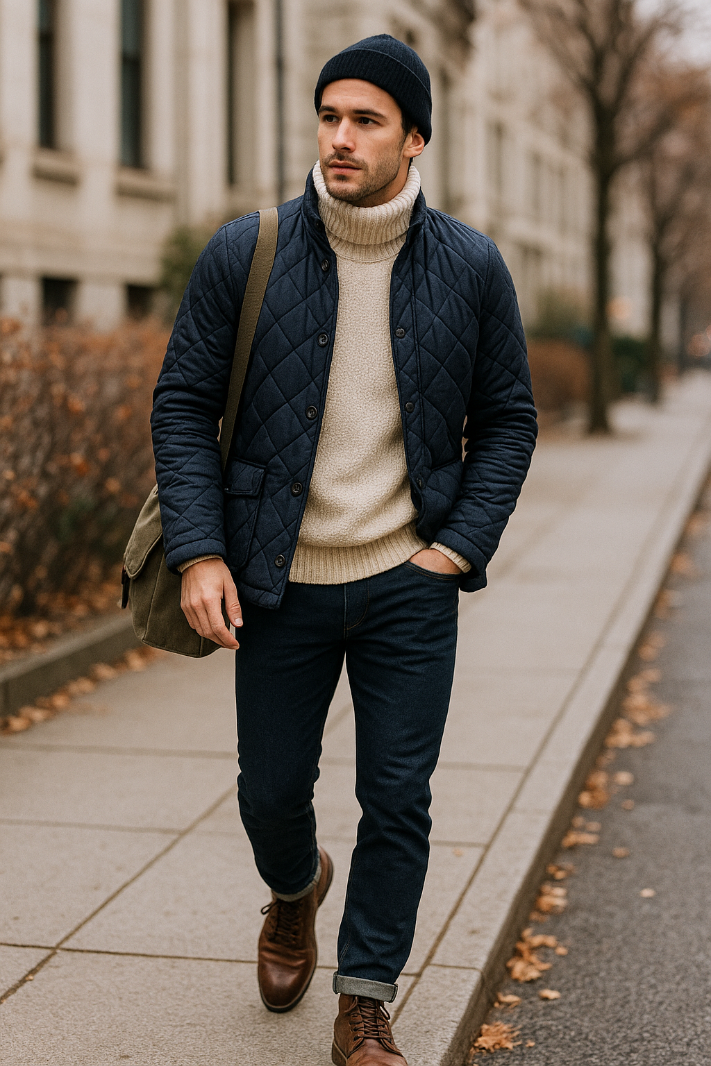 SKIPIKS AI 패션 화보 — casual, modern — 따뜻한 네이비 퀼팅 자켓과 베이지 터틀넥 스웨터의 조합이 겨울 코디에 포근함을 더해줍니다. 청바지와 브라운 가죽 부츠로 세련되면서도 캐주얼한 분