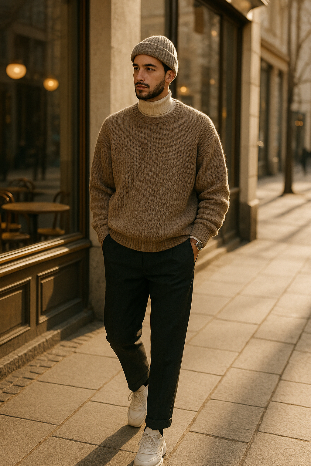 SKIPIKS AI 패션 화보 — casual, cozy — 베이지 톤의 니트와 아이보리 터틀넥이 부드러운 겨울 무드를 연출해요. 블랙 슬랙스와 화이트 스니커즈가 깔끔한 포인트가 됩니다. 비니를 활용해 편