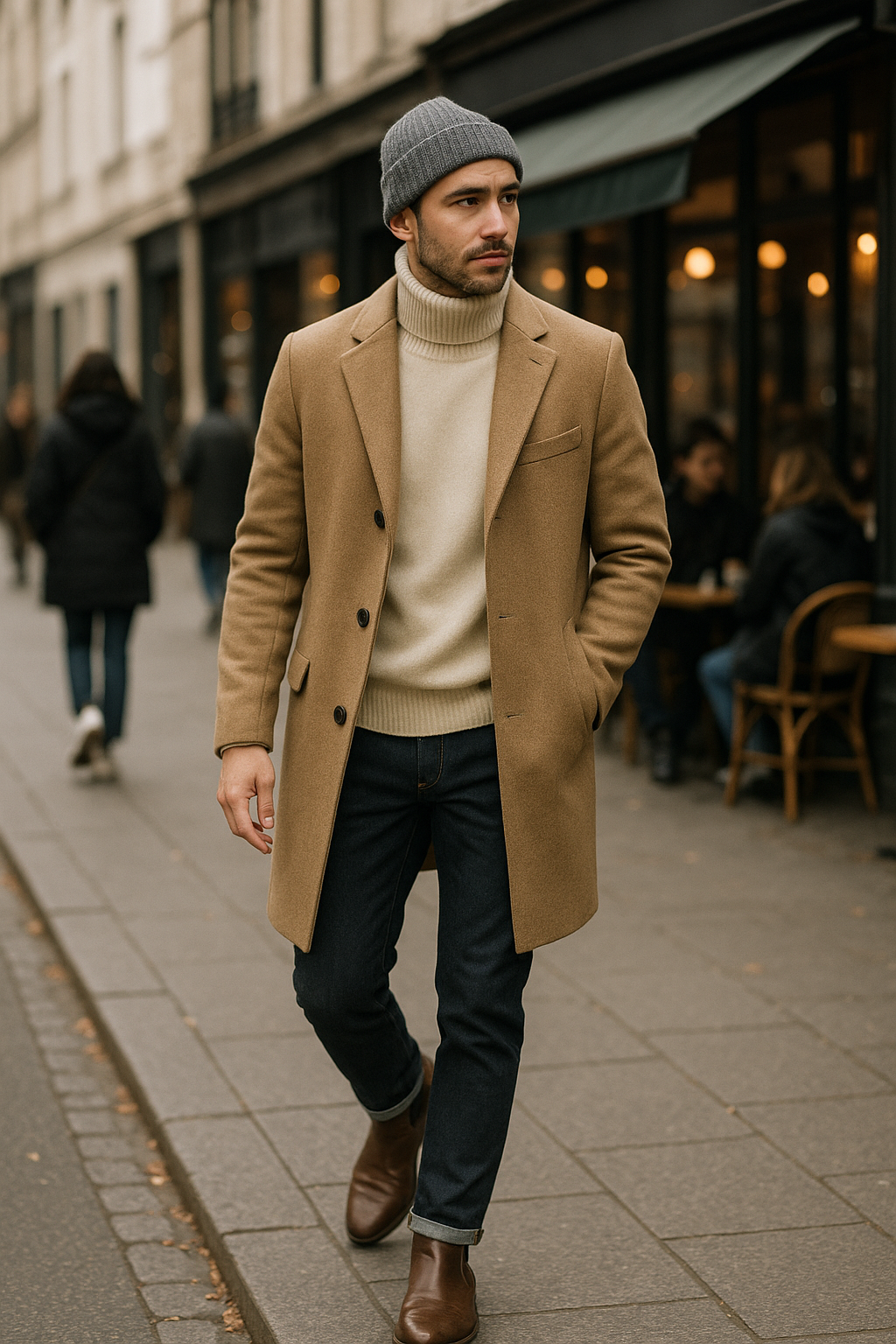 SKIPIKS AI 패션 화보 — modern, casual, chic — 따뜻한 베이지 코트와 크림색 터틀넥의 조화가 세련된 도시 남성의 무드를 선사해요. 이 룩은 네이비 청바지와 브라운 부츠로 모던하고 깔끔하게 마무