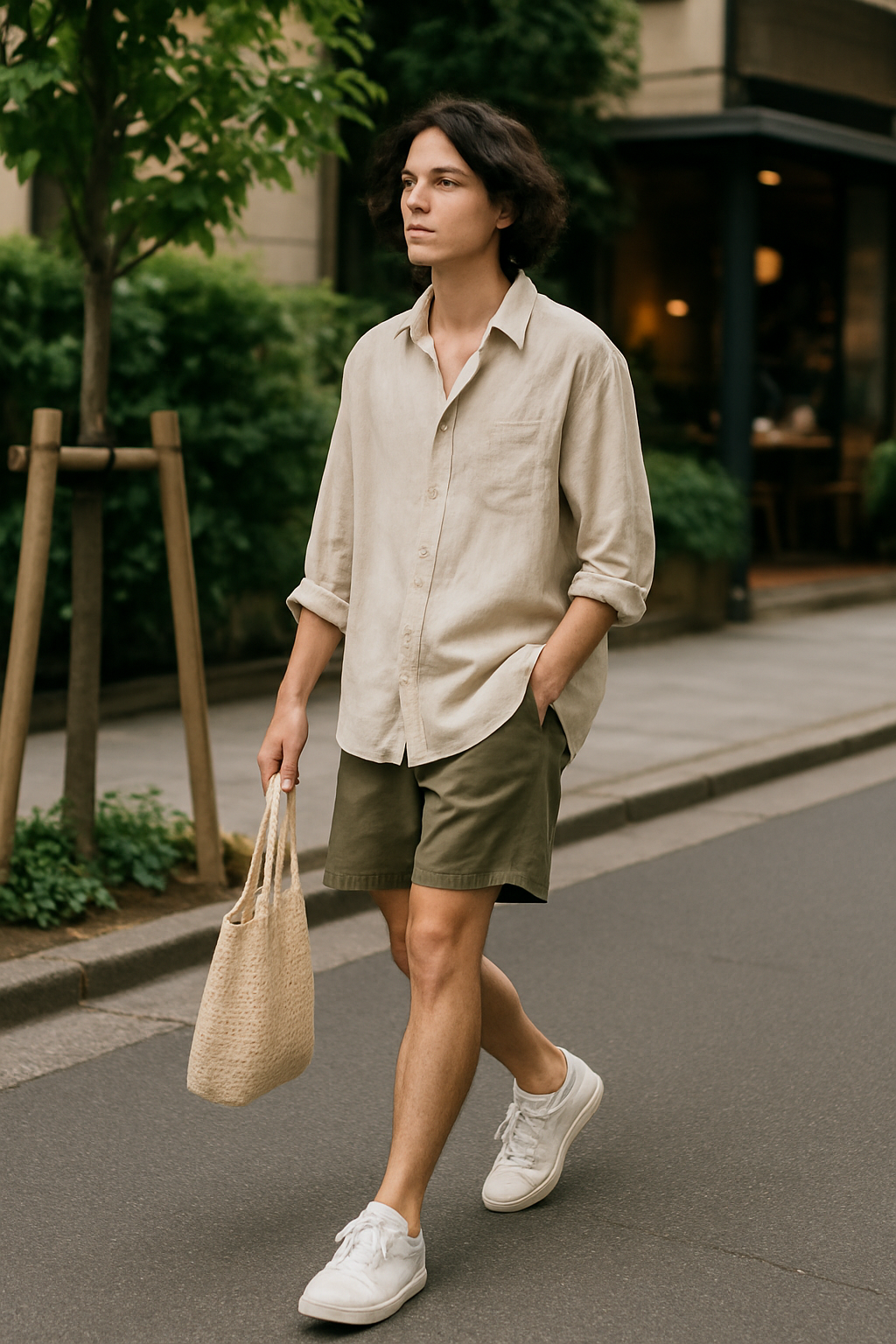 SKIPIKS AI 패션 화보 — casual, minimalist — 베이지 셔츠와 카키 반바지가 자연스럽게 어우러진 편안한 여름룩이에요. 화이트 스니커즈와 크림색 토트백으로 심플한 무드를 한층 강조해 보세요. 데