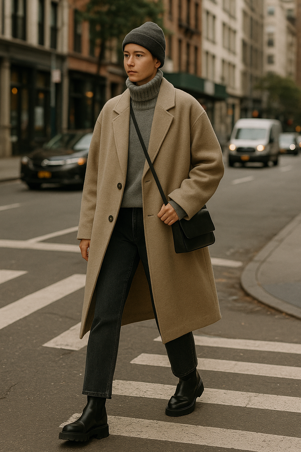 SKIPIKS AI 패션 화보 — minimalist, streetwear, chic — 베이지 컬러의 코트와 세련된 회색 터틀넥이 절묘하게 어우러져 모던한 겨울 룩을 완성합니다. 여기에 블랙 진과 부츠를 더해 시크한 무드를 강조해보