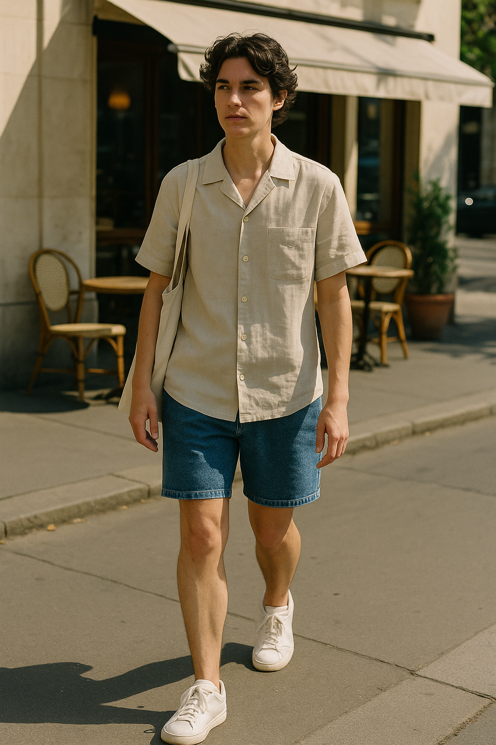 SKIPIKS AI 패션 화보 — minimalist, casual — 베이지 셔츠와 데님 반바지의 조화로 캐주얼하면서도 깔끔한 느낌을 주는 여름 룩이에요. 이 룩에 화이트 스니커즈와 에코백을 추가하면 더욱 산뜻한 