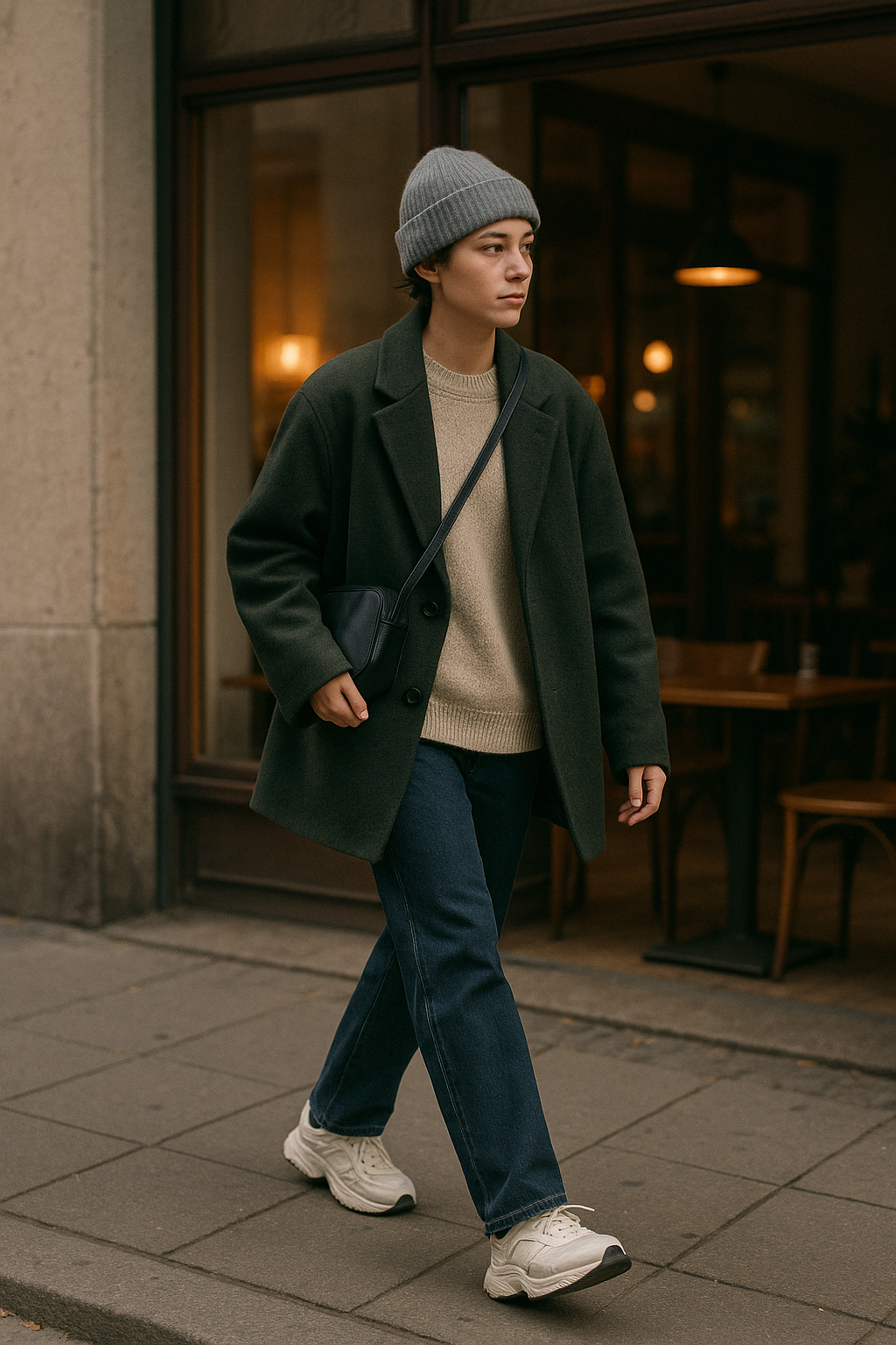SKIPIKS AI 패션 화보 — urban, casual — 다크 그린 코트와 크림 컬러 니트의 조화로 따뜻하면서도 세련된 느낌을 연출해보세요. 여기에 네이비 청바지와 화이트 스니커즈로 깔끔한 캐주얼 룩을