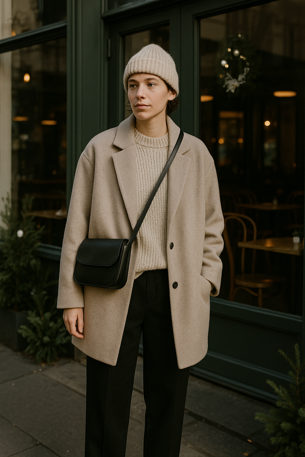SKIPIKS AI 패션 화보 — minimalist, casual — 베이지 컬러의 부드러운 코트와 니트가 따뜻하고 차분한 무드를 연출해보세요. 블랙 바지와 숄더백으로 깔끔한 느낌을 더해 도시적인 캐주얼룩을 완성합