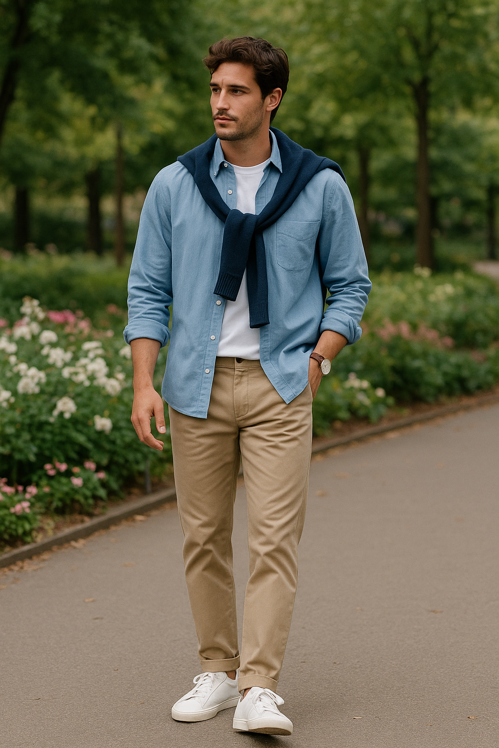 SKIPIKS AI fashion editorial — casual, smart — A refreshing blue shirt layered with a navy knit sweater creates a stylish look.