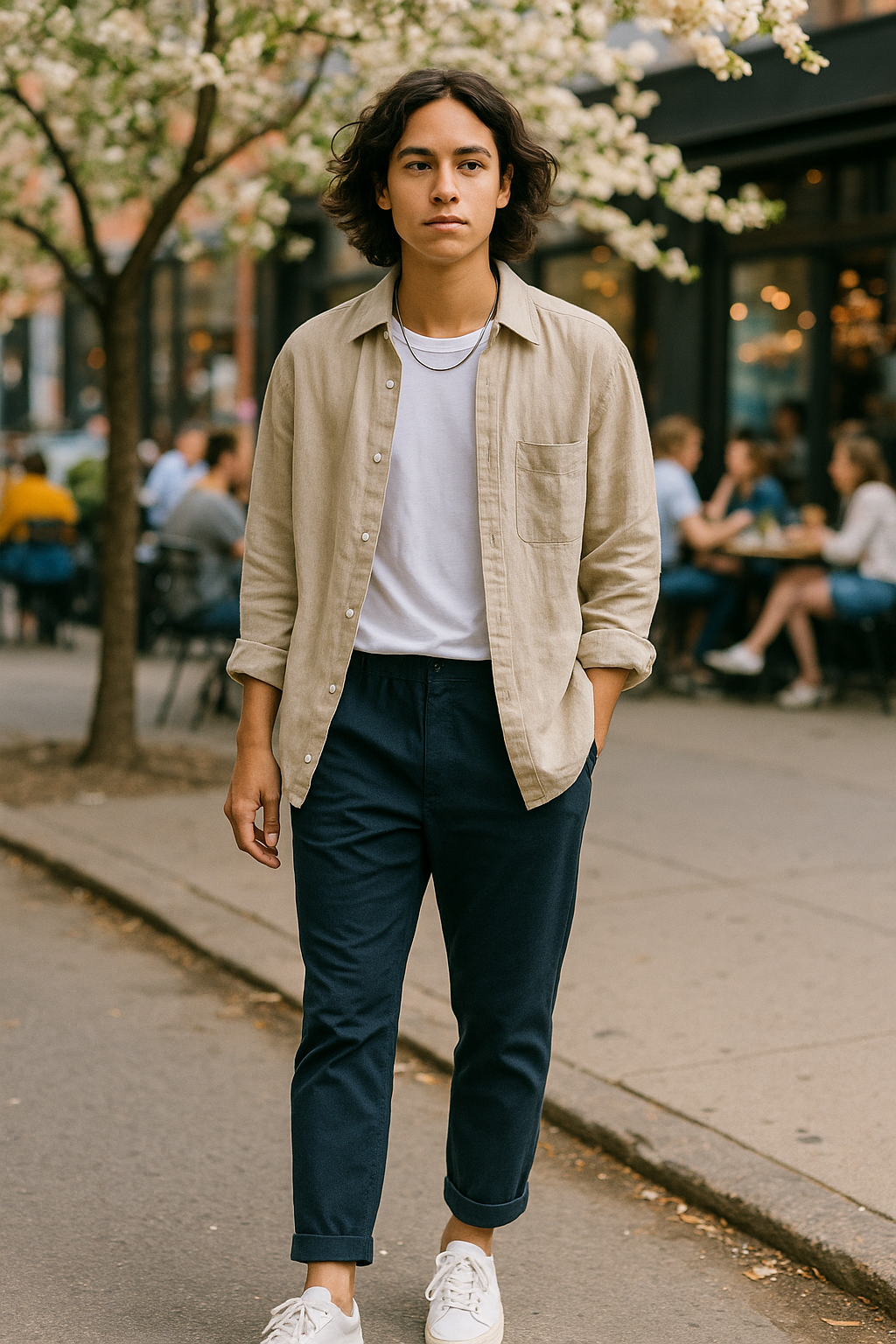 SKIPIKS AI 패션 화보 — minimalist, casual — 베이지 셔츠와 네이비 팬츠의 조화가 여유로운 느낌을 주는 룩입니다. 화이트 티셔츠와 스니커즈를 매치하여 깔끔하면서도 편안한 스타일링을 추천해요.