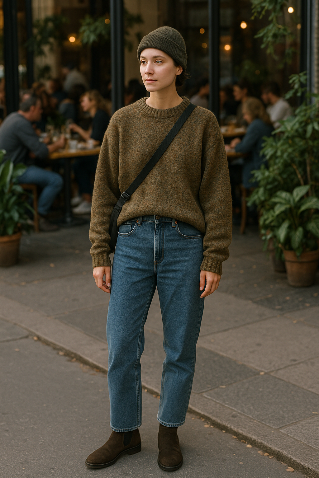 SKIPIKS AI 패션 화보 — casual, minimalist — 카키색 니트 스웨터와 청바지가 조화를 이루어 세련된 가을 룩을 연출해보세요. 첼시 부츠와 실용적인 숄더 백으로 깔끔한 마무리가 완성됩니다. 일상