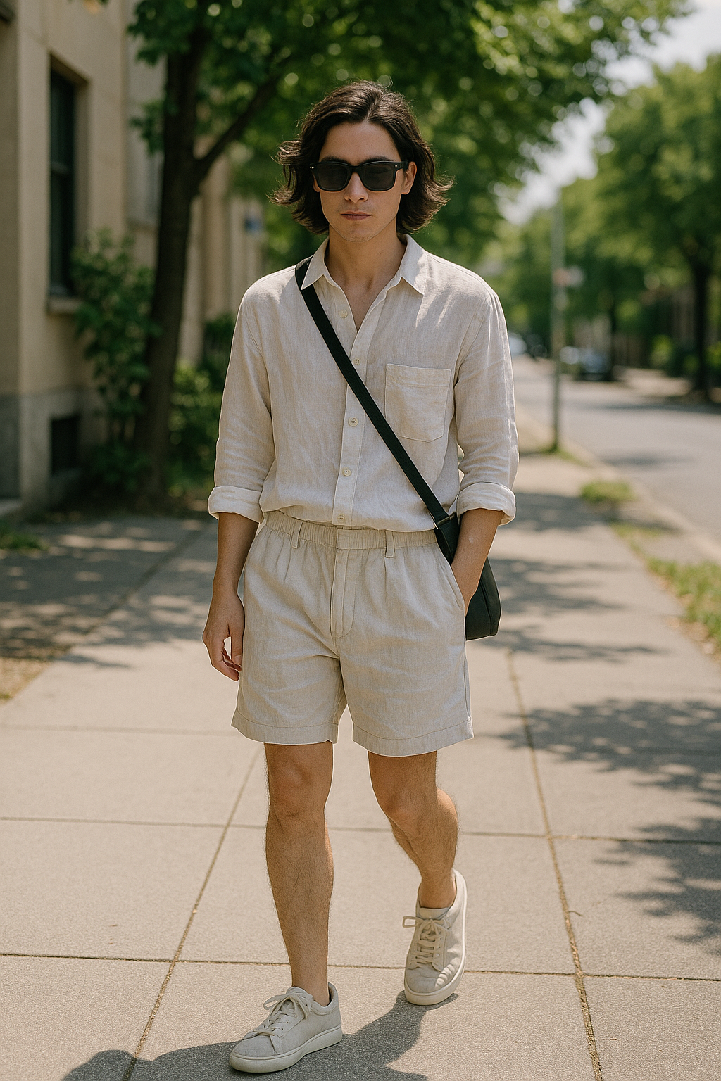 SKIPIKS AI 패션 화보 — minimalist, casual, summer — 베이지 톤의 리넨 셔츠와 반바지가 시원하고 깔끔한 여름 무드를 완성합니다. 크로스백과 선글라스를 더해 심플하지만 스타일리시한 포인트를 줄 수 있
