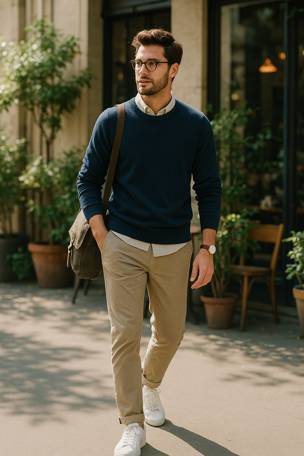SKIPIKS AI 패션 화보 — minimalist, preppy, classic — 세련된 네이비 스웨터와 카키 치노 팬츠가 조화를 이루며 댄디한 무드를 만들어보세요. 간결한 실루엣에 클래식한 화이트 스니커즈를 매치하면 더욱 깔