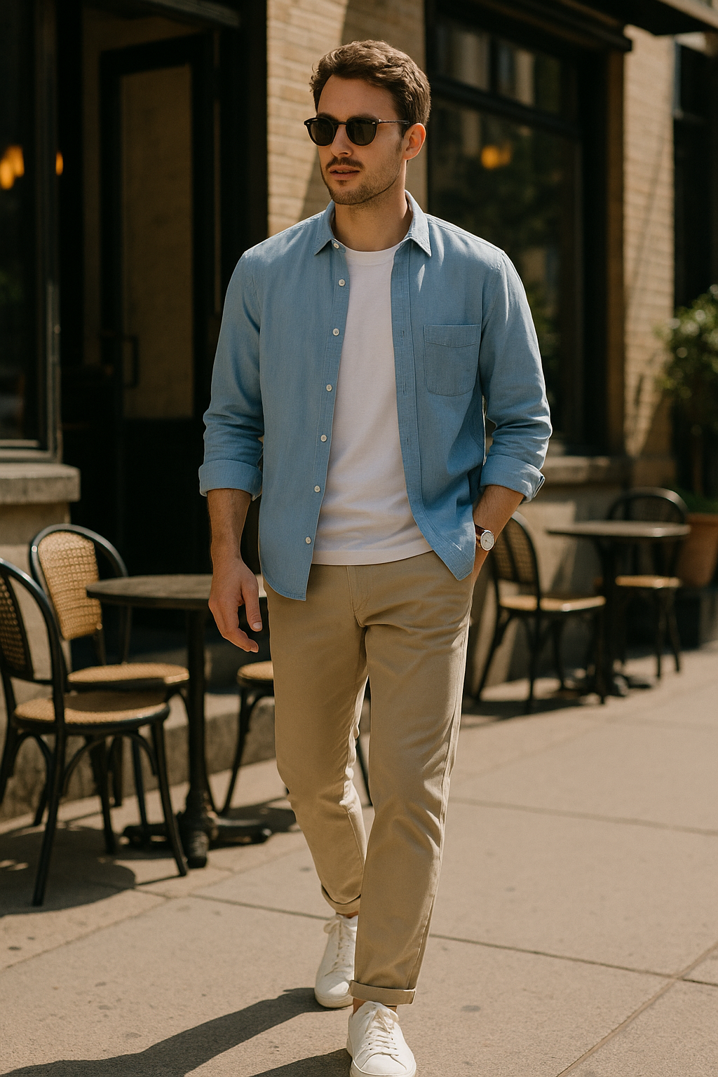 SKIPIKS AI 패션 화보 — casual, minimalist — 화사한 블루 청 셔츠와 베이지 치노 팬츠로 완성된 깔끔한 캐주얼 룩입니다. 청 셔츠의 산뜻한 색감이 봄의 시작을 알리며, 클래식한 화이트 스니커