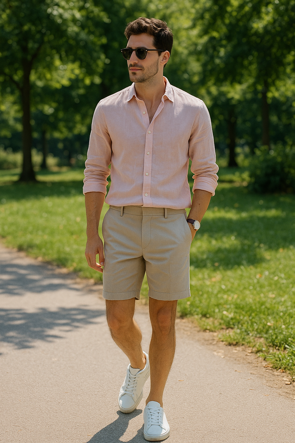 SKIPIKS AI 패션 화보 — minimalist, casual — 부드러운 핑크 셔츠가 자연의 녹음을 배경으로 여유로운 느낌을 연출해요. 베이지 쇼츠와 클래식한 화이트 스니커즈의 조합은 시원하면서도 깔끔한 마무