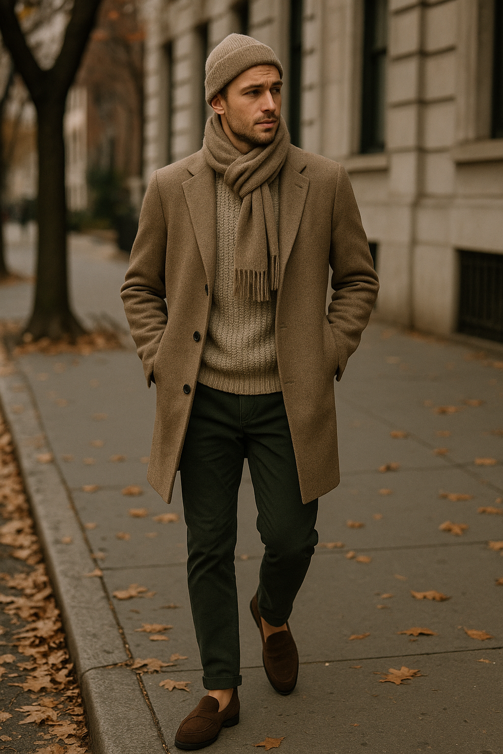 SKIPIKS AI 패션 화보 — minimalist, streetwear — 베이지 색상의 톤온톤 코디가 차분하고 세련된 느낌을 주네요. 부드러운 소재의 머플러와 스웨터가 따뜻함을 더해주며, 다크 그린 바지로 컬러 포인트