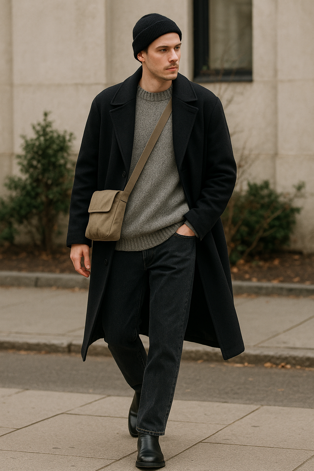 SKIPIKS AI 패션 화보 — minimalist, urban — 고급스러운 무드의 블랙 코트와 비니가 도시적인 느낌을 주는 룩입니다. 회색 스웨터와 크로스백을 매치해 세련된 미니멀룩을 완성해보세요. 데일리로도