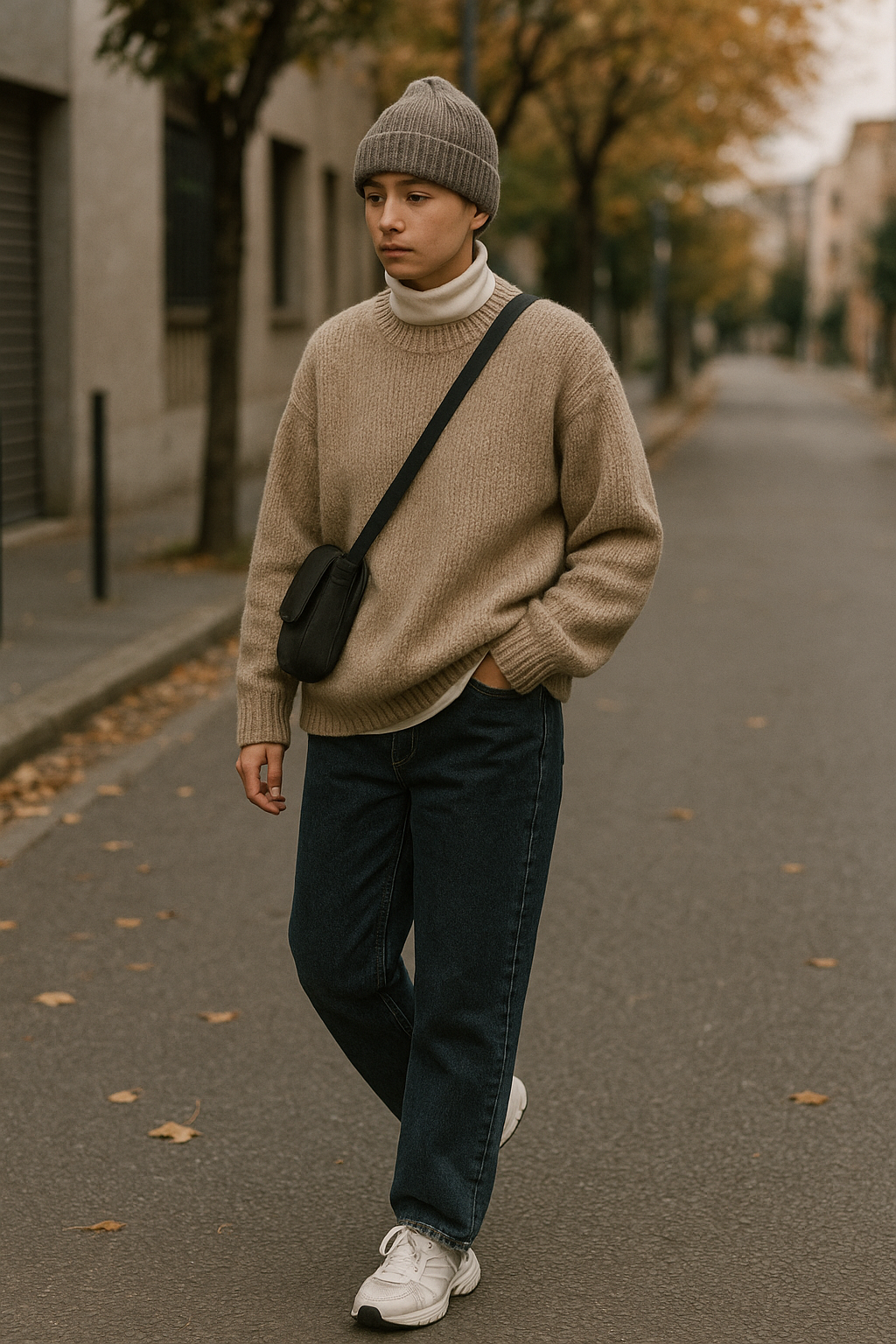SKIPIKS AI 패션 화보 — casual, cozy — 부드러운 베이지색 스웨터와 네이비 청바지가 전반적으로 차분한 가을 느낌을 연출해줍니다. 회색 비니와 크로스백으로 포인트를 주어 스타일리시한 외출
