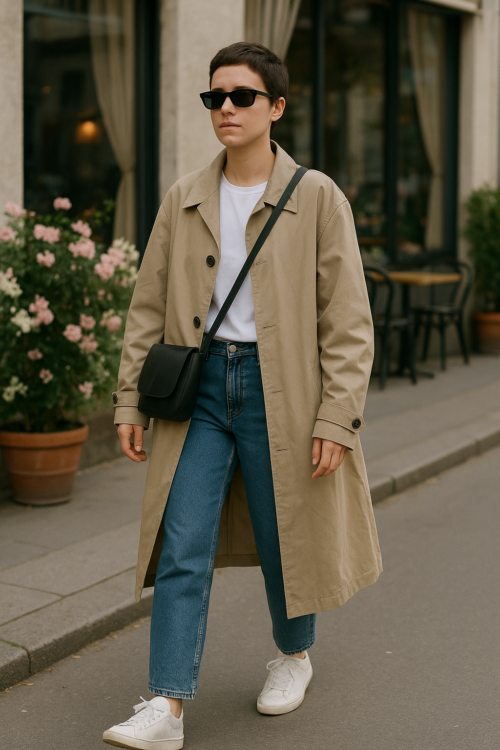 SKIPIKS AI 패션 화보 — minimalist, casual, chic — 베이지 트렌치코트와 흰색 티셔츠의 조화가 어반 시크한 무드를 완성해 보세요. 청바지와 함께 매치하면 깔끔하면서도 세련된 데일리룩으로 추천해요. 