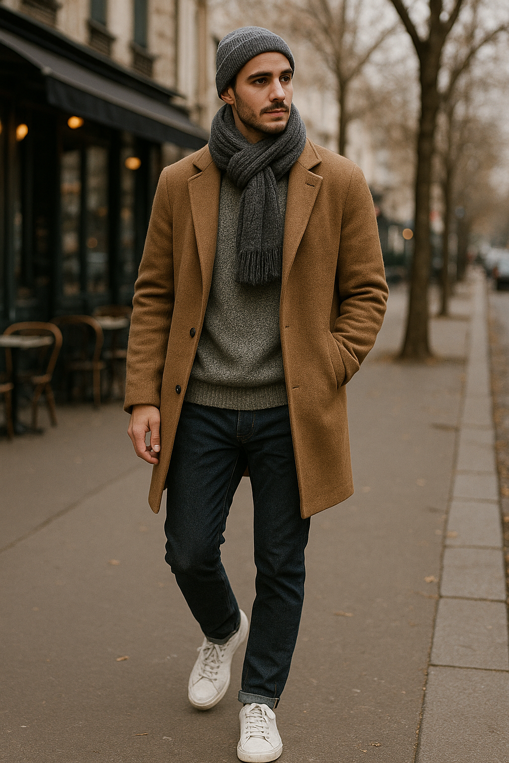 SKIPIKS AI 패션 화보 — casual, urban, chic — 베이지 코트와 회색 니트 스웨터의 조합이 따뜻하면서도 세련된 룩을 연출합니다. 회색 비니와 목도리로 포인트를 주면서도 톤온톤 코디를 완성해보세요