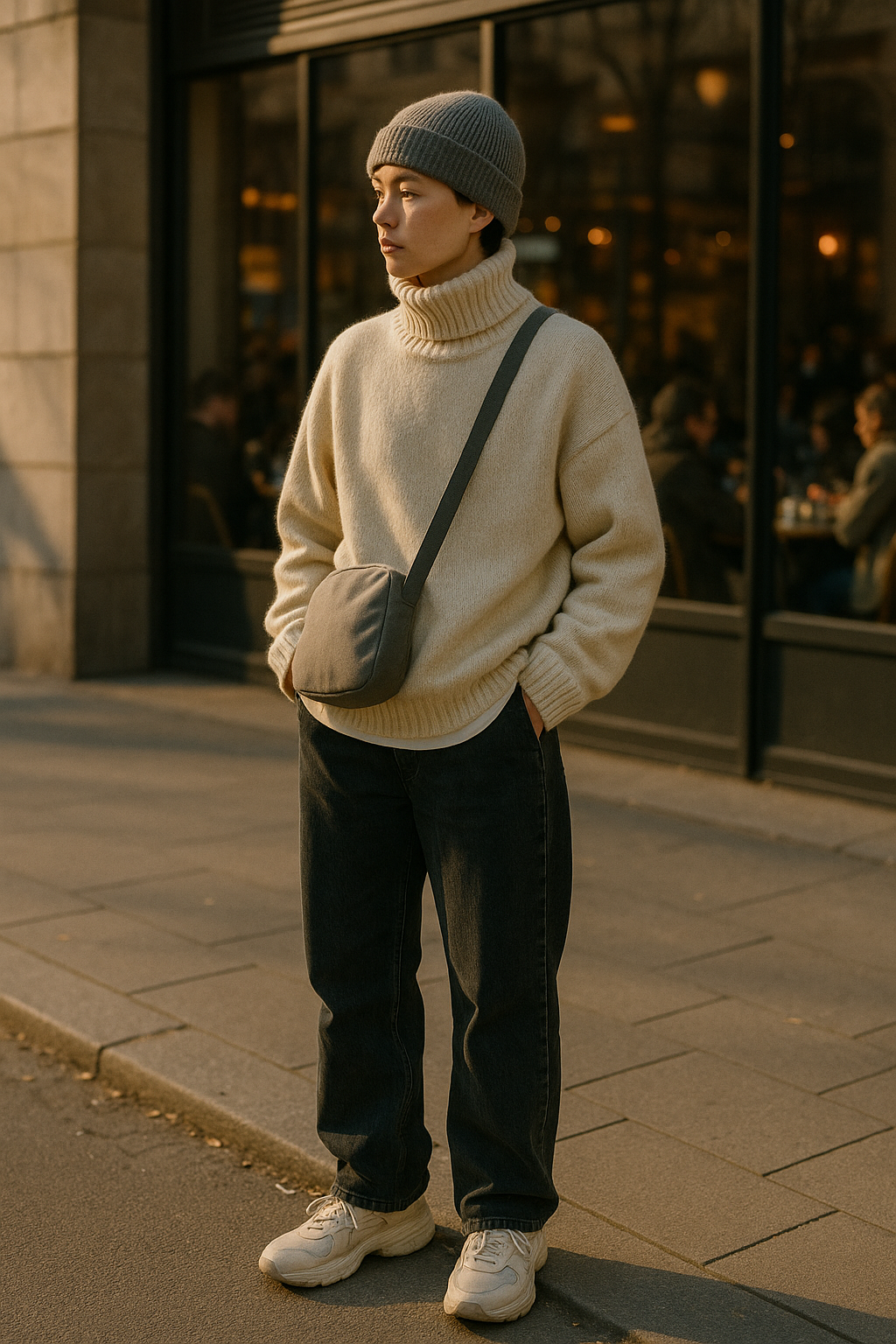 SKIPIKS AI 패션 화보 — minimalist, casual — 따뜻한 베이지 컬러의 터틀넥 스웨터와 그레이 비니로 포근함을 더한 캐주얼한 룩입니다. 이 편안한 스타일을 완성하려면 동일한 톤의 크로스백과 아이