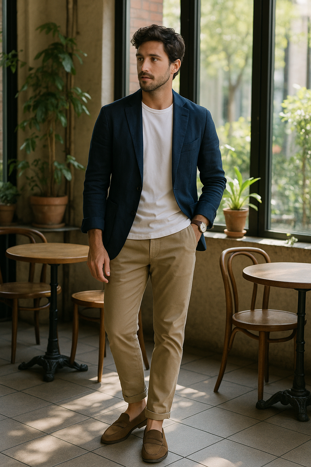 SKIPIKS AI 패션 화보 — minimalist, dandy, smart_casual — 네이비 블레이저와 베이지 치노 팬츠의 매치는 클래식하면서도 세련된 무드를 완성해요. 화이트 티셔츠로 깔끔함을 더하며, 브라운 로퍼로 고급스러운 