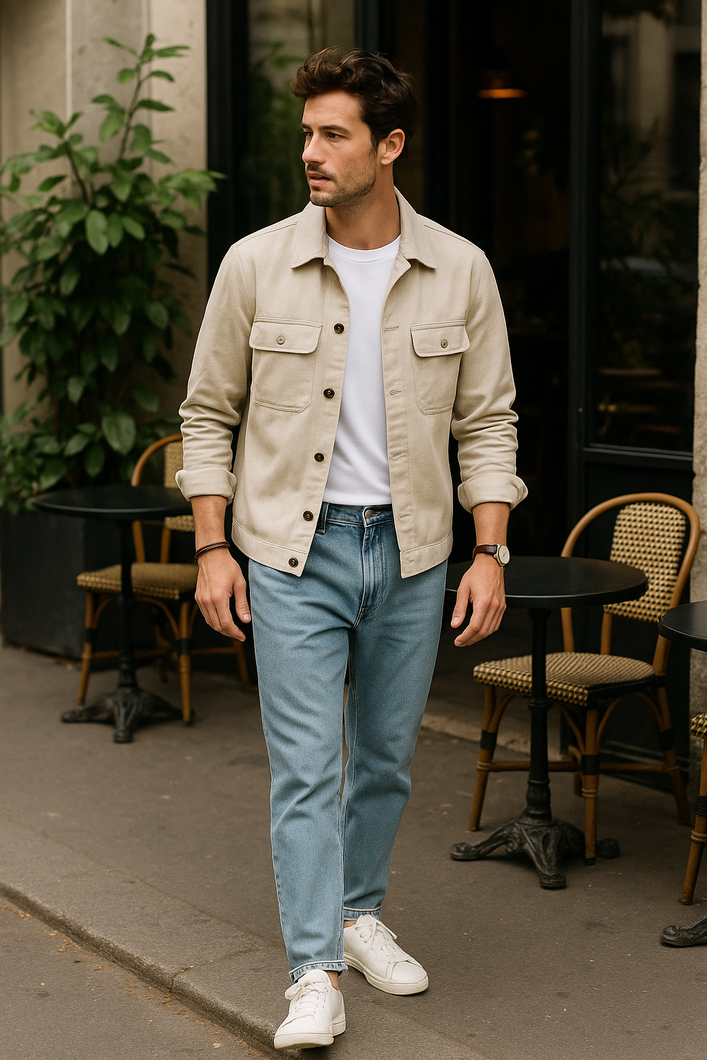 SKIPIKS AI 패션 화보 — casual, smartcasual — 베이지 색상의 재킷과 청바지로 깔끔하고 자연스러운 캐주얼 무드를 완성했습니다. 흰색 티셔츠와 스니커즈를 매치하여 편안하면서도 세련된 느낌을 줍니
