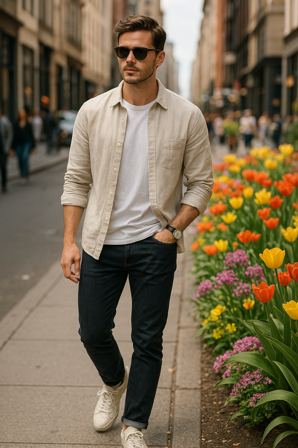 SKIPIKS AI fashion editorial — casual, minimalist — The combination of a beige shirt and a white t-shirt creates a minimalist spring