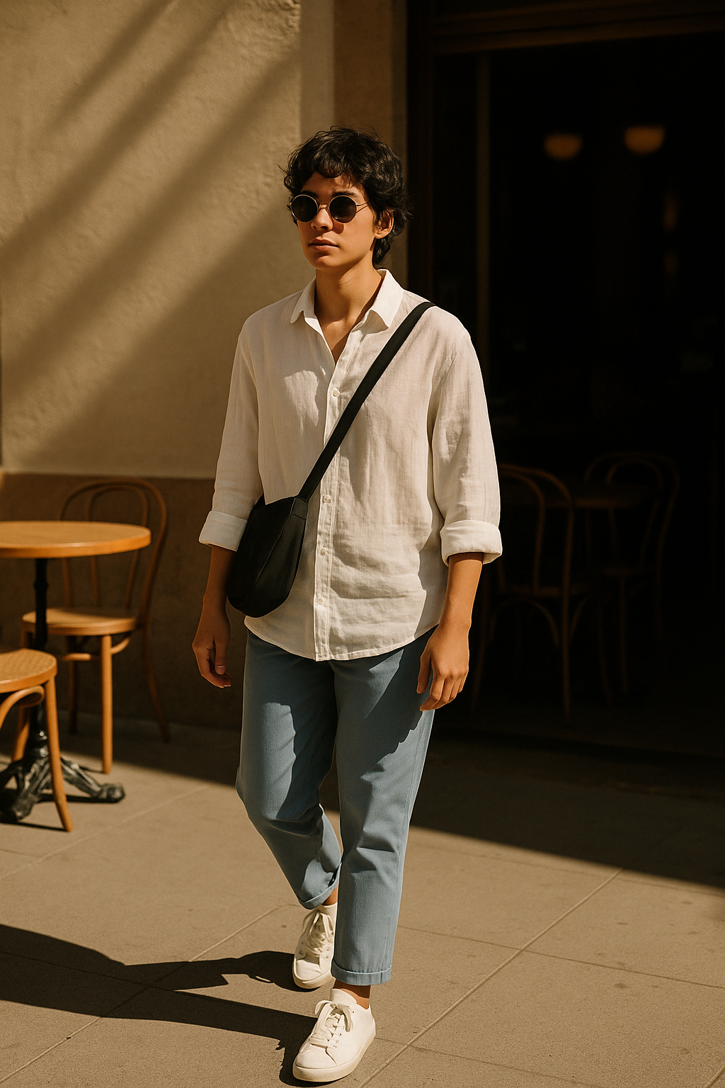 SKIPIKS AI fashion editorial — minimalist, casual — The combination of a white linen shirt and blue denim pants creates a relaxed an