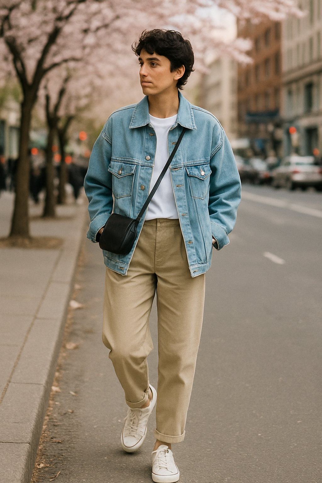 SKIPIKS AI 패션 화보 — casual, streetwear — 산뜻한 연청 데님 자켓과 베이지 치노 팬츠의 조화가 멋스러운 룩입니다. 기본 화이트 티셔츠로 깔끔하게, 블랙 크로스백으로 포인트를 주어 실용적인