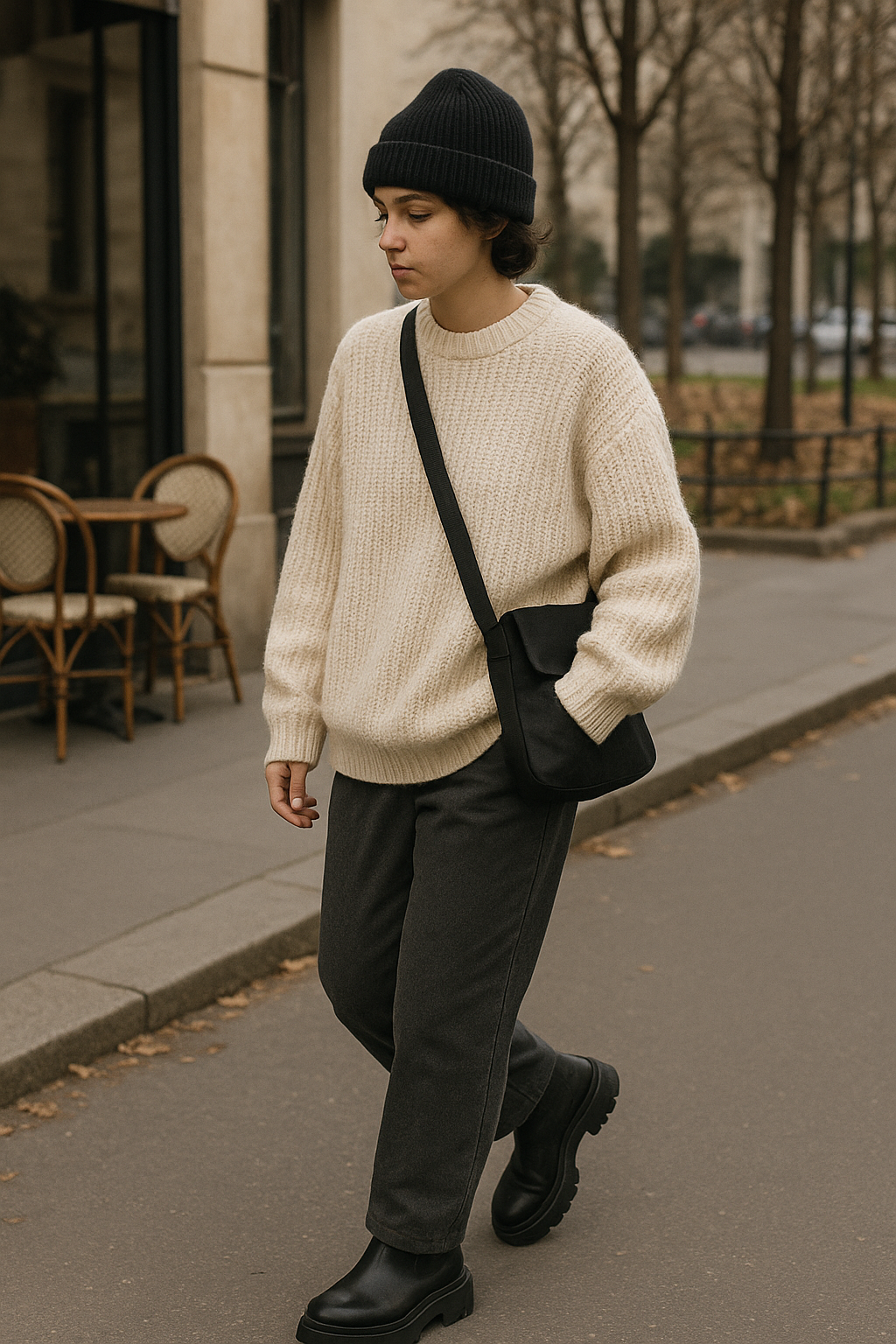 SKIPIKS AI 패션 화보 — minimalist, casual, cozy — 베이지 니트 스웨터와 차콜 팬츠의 조합이 편안하고 세련된 분위기를 연출 합니다. 비니와 블랙 부츠로 마무리하여 심플하면서도 트렌디한 룩을 완성해