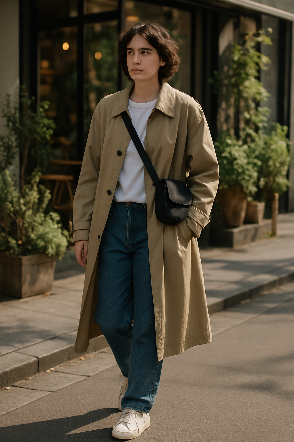 SKIPIKS AI 패션 화보 — minimalist, casual, streetwear — 베이지색 트렌치코트로 감각적인 가을 분위기를 연출하고, 청바지와의 균형 잡힌 스타일이 돋보여요. 흰색 티셔츠와 스니커즈로 편안하면서도 세련된 캐
