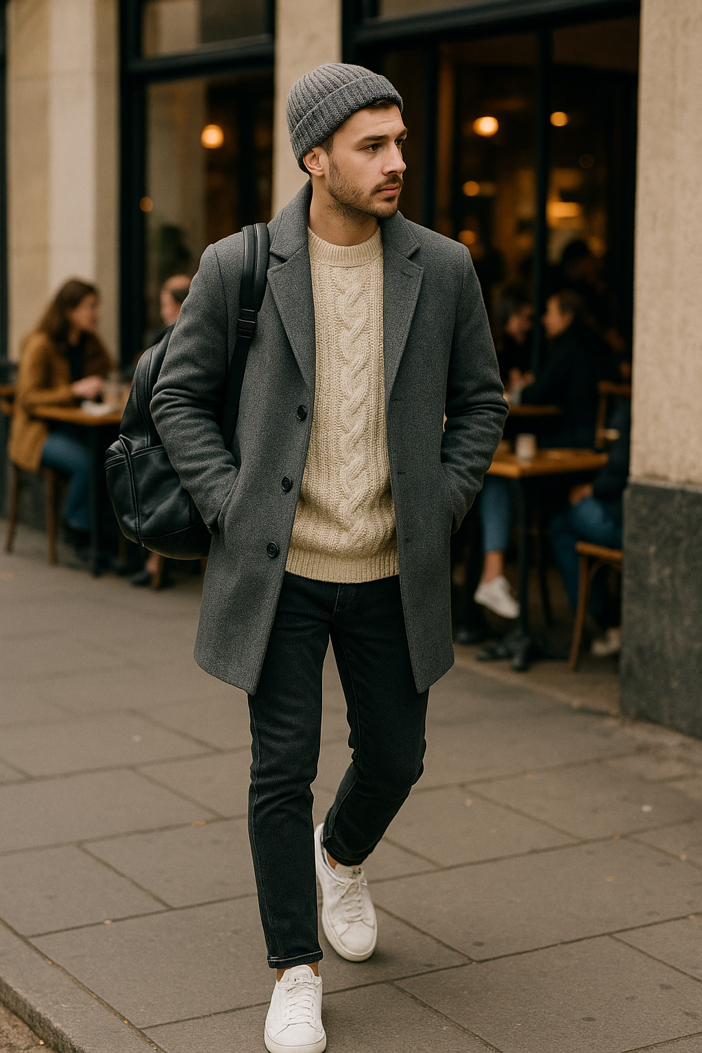 SKIPIKS AI 패션 화보 — casual, layered, cozy — 따뜻하고 편안한 회색 톤의 코트와 크림색 니트가 매력적인 겨울 스타일링을 완성해보세요. 검은색 청바지와 흰색 스니커즈는 실용적인 데일리 무드를 