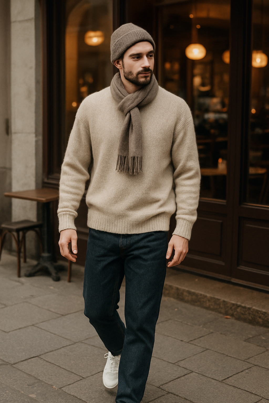 SKIPIKS AI 패션 화보 — casual, cozy — 따뜻한 무드의 베이지 니트 스웨터와 브라운 액세서리들이 따스한 겨울 감성을 더해줘요. 다크 블루 청바지와 화이트 운동화로 편안한 캐주얼룩을 완성