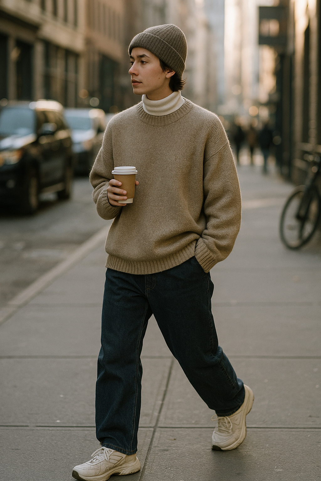 SKIPIKS AI 패션 화보 — minimalist, casual — 베이지 스웨터와 아이보리 터틀넥의 조합이 따뜻하고 편안한 느낌을 줍니다. 청바지와 화이트 운동화로 캐주얼한 무드를 완성해보세요. 이 룩은 가을철