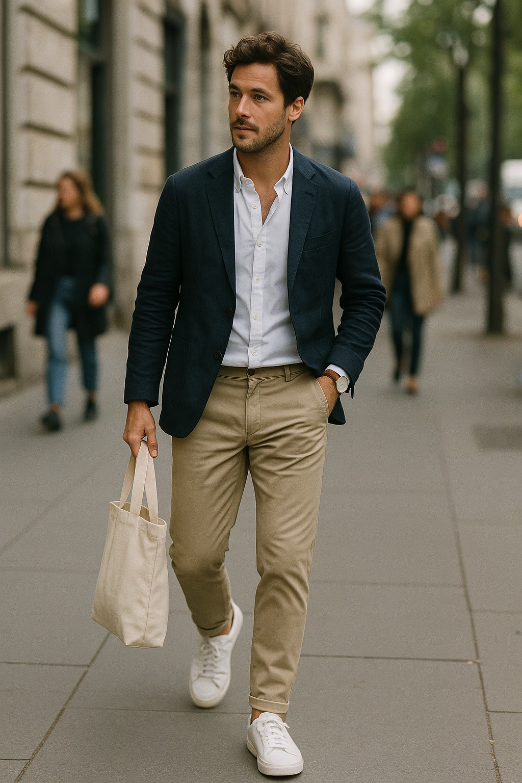 SKIPIKS AI 패션 화보 — smart_casual, minimalist, urban — 네이비 블레이저와 화이트 셔츠가 어우러져 세련된 매력을 더하는 스타일이에요. 셔츠를 베이지 치노 팬츠와 매치해 심플하면서도 캐주얼한 분위기를 연