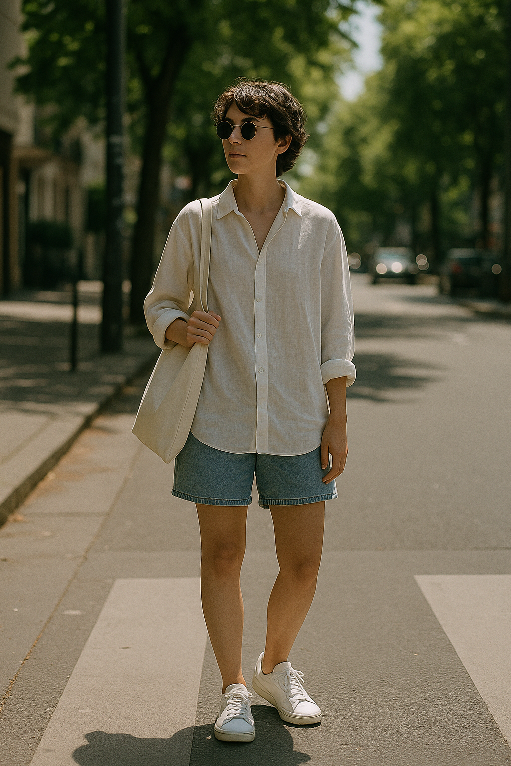 SKIPIKS AI 패션 화보 — casual, minimalist — 베이지 린넨 셔츠와 데님 반바지가 조화를 이루는 시원한 여름 캐주얼 룩입니다. 간결한 실루엣의 셔츠는 데일리 스타일로 추천하며, 심플한 운동화와