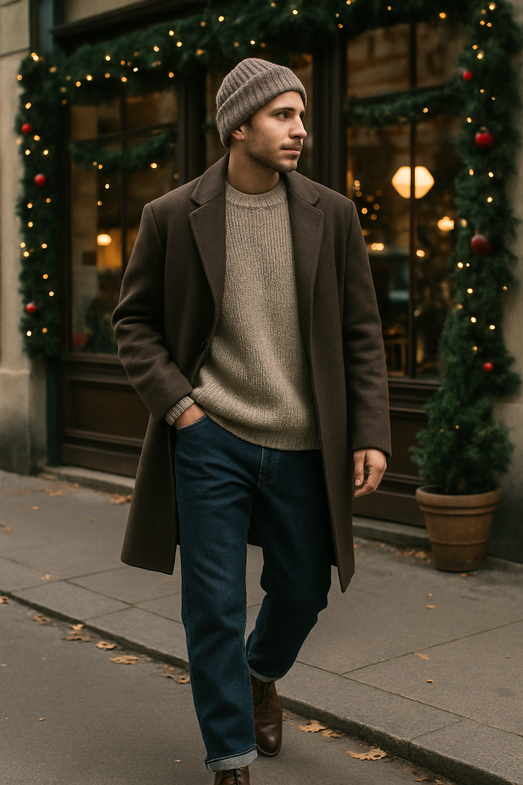 SKIPIKS AI 패션 화보 — casual, classic — 고급스러운 갈색 코트와 베이지 니트가 만나 따뜻하면서도 세련된 무드를 연출해보세요. 청바지와 매치하면 일상에서 편안하지만 스타일리시한 느낌을 완