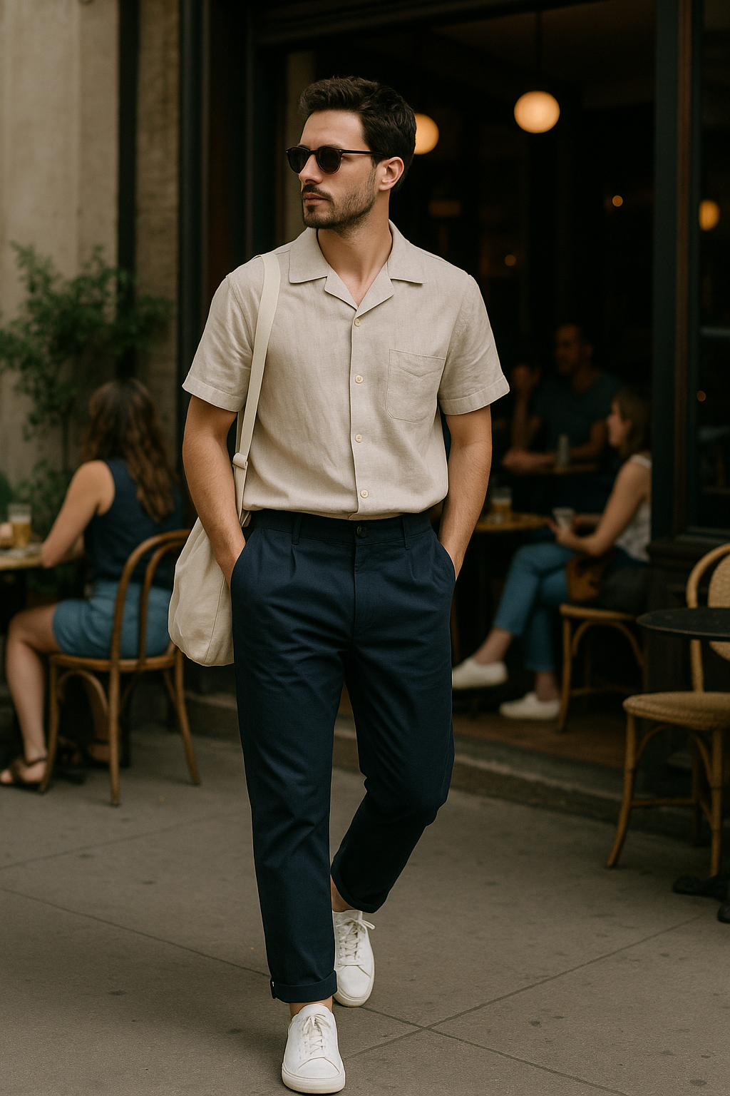 SKIPIKS AI 패션 화보 — minimalist, casual, urban — 베이지 린넨 셔츠와 네이비 슬랙스의 조화가 시원하고 세련된 도심 감성을 전해줍니다. 이 룩은 아이보리 숄더백과 화이트 스니커즈를 매치해 더욱 미