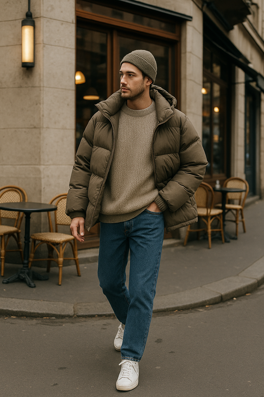 SKIPIKS AI 패션 화보 — casual, streetwear — 카키 패딩과 브라운 니트의 매치로 따뜻하면서도 스타일리시한 겨울 룩을 완성해보세요. 청바지와 화이트 스니커즈로 캐주얼한 감성을 더해 일상에서도 