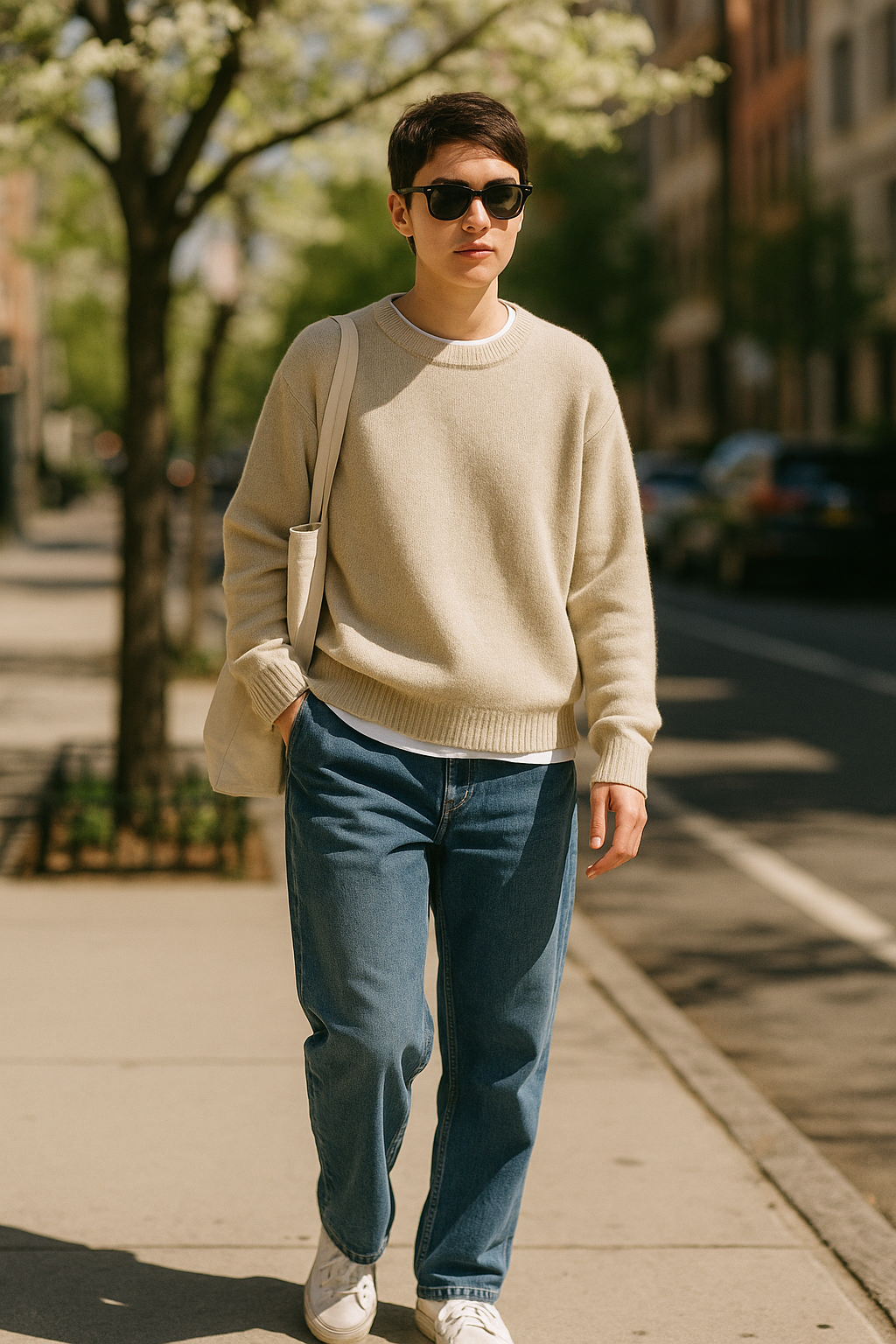 SKIPIKS AI 패션 화보 — minimalist, casual — 소프트한 베이지 니트와 중청 데님이 선사하는 부드럽고 편안한 느낌의 룩입니다. 화이트 스니커즈와 캔버스 백이 깔끔한 포인트를 더해주며, 캐주얼한