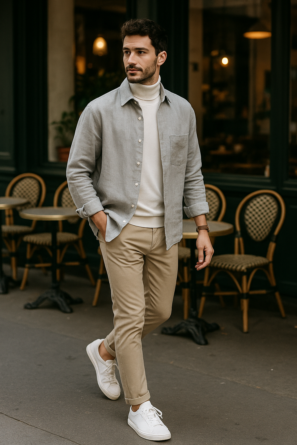 SKIPIKS AI 패션 화보 — casual, classic, minimalist — 심플한 회색 셔츠와 아이보리 터틀넥 스웨터가 세련된 분위기를 연출해보세요. 베이지 치노 팬츠와 흰색 스니커즈로 댄디하면서도 캐주얼한 느낌을 더합