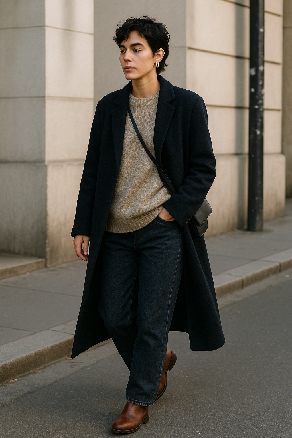 SKIPIKS AI 패션 화보 — minimalist, chic, city — 네이비 코트와 베이지 니트가 조화를 이루어 차분하면서도 세련된 분위기를 연출해요. 다크블루 청바지와 브라운 부츠로 클래식한 무드를 더해보세요. 