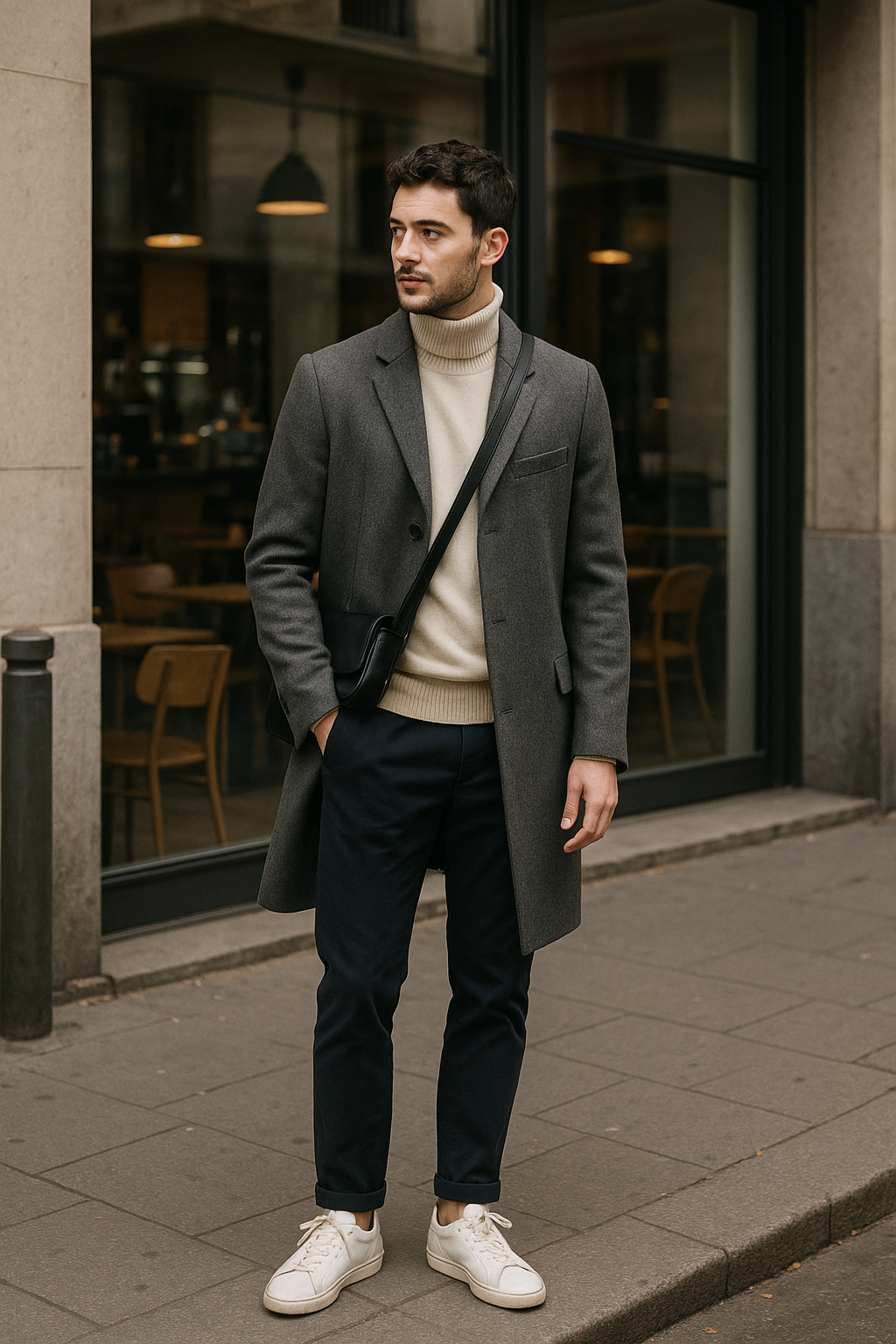 SKIPIKS AI 패션 화보 — minimalist, smart_casual — 회색 코트와 크림색 터틀넥 스웨터의 조합이 세련된 무드를 연출해줍니다. 네이비 팬츠와 흰색 운동화로 깔끔한 느낌을 더해보세요. 이 룩은 가을 데