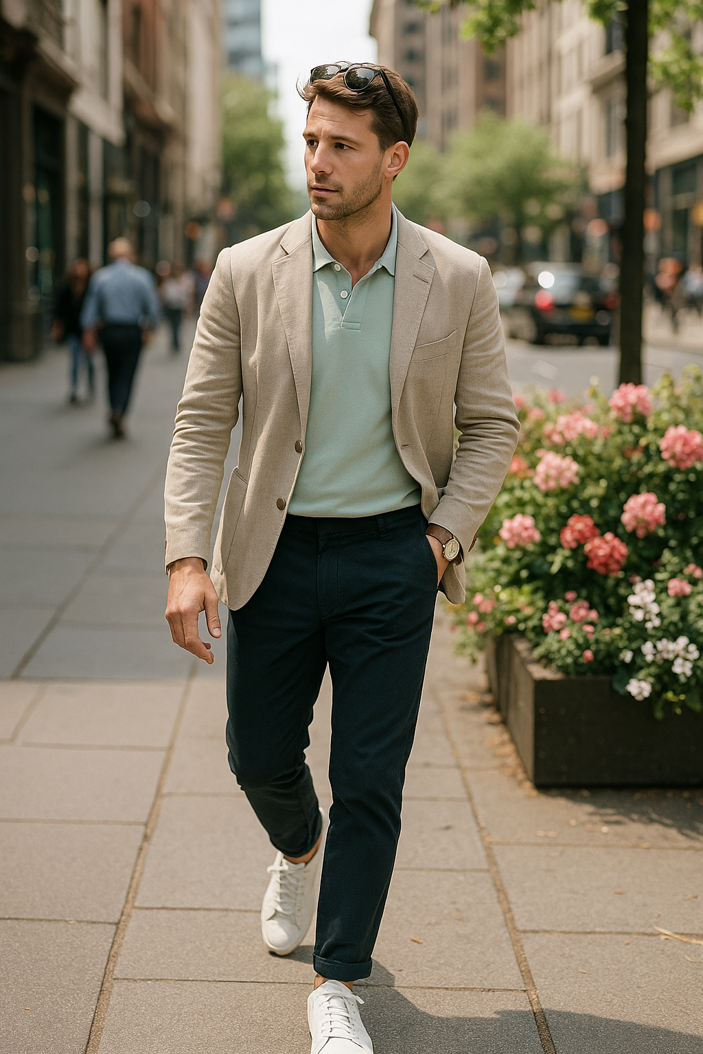 SKIPIKS AI 패션 화보 — smartcasual, minimalist — 베이지 블레이저와 민트 컬러 폴로 셔츠의 조화가 도심 속 비즈니스 캐주얼을 완성해보세요. 네이비 팬츠와 화이트 스니커즈로 깔끔하고 세련된 무드를